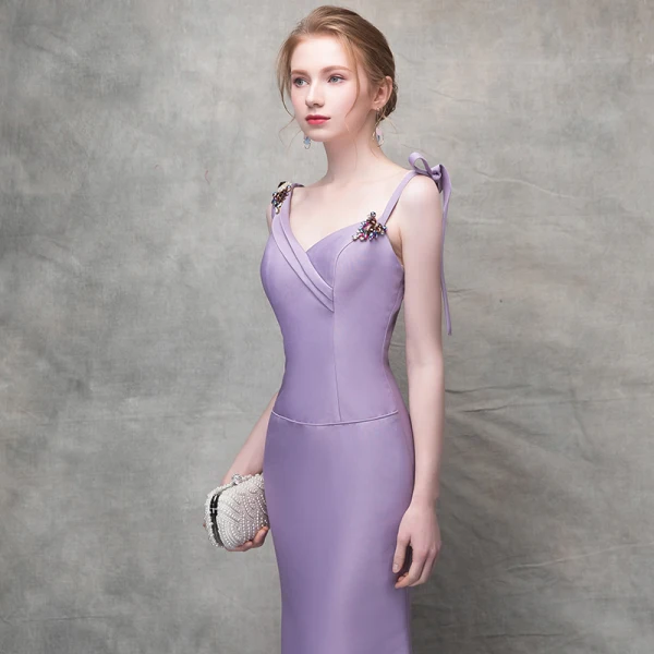 Elegant Lavender Evening Dresses  2017 Trumpet / Mermaid Bow Crystal Rhinestone Spaghetti Straps Backless Sleeveless Ankle Length Formal Dresses