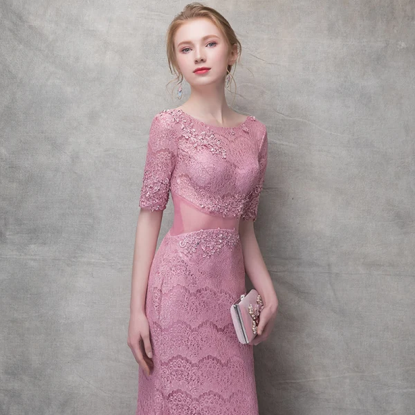 Chic / Beautiful Candy Pink Evening Dresses 2017 Trumpet / Mermaid Lace Sequins Pierced Scoop Neck 1/2 Sleeves Ankle Length Formal Dresses