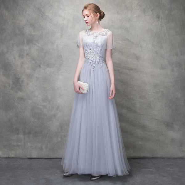 Chic / Beautiful Grey Evening Dresses 2018 A-Line / Princess Lace Flower Crystal Pearl Scoop Neck Short Sleeve Ankle Length Formal Dresses