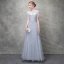 Chic / Beautiful Grey Evening Dresses  2018 A-Line / Princess Lace Flower Crystal Pearl Scoop Neck Short Sleeve Ankle Length Formal Dresses
