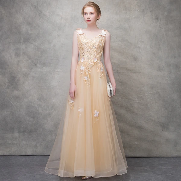 Chic / Belle Champagne Robe De Soirée 2017 Princesse Papillon En Dentelle Fleur Perlage Paillettes Encolure Dégagée Dos Nu Sans Manches Longueur Cheville Robe De Ceremonie