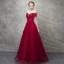 Snygga / Fina Burgundy Aftonklänningar 2017 Prinsessa Spets Blomma Kristall Beading Av Axeln Halterneck Korta ärm Ankellång Formella Klänningar