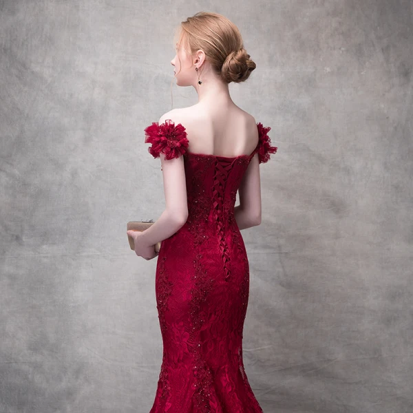 Chic / Belle Bordeaux Robe De Soirée 2017 Trompette / Sirène En Dentelle Fleur Perlage Paillettes Fleurs Artificielles De l'épaule Dos Nu Sans Manches Longueur Cheville Robe De Ceremonie