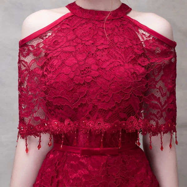 Chic / Beautiful Burgundy Evening Dresses 2017 A-Line / Princess Lace Flower Beading Crystal Sequins Bow Halter Strapless 1/2 Sleeves Ankle Length Formal Dresses