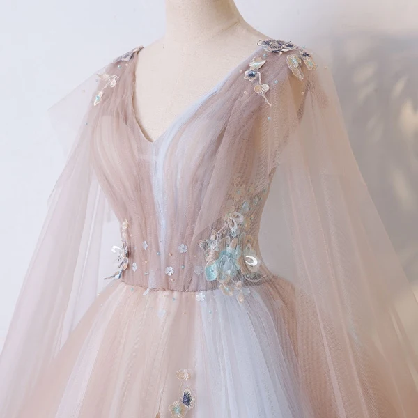 Chic / Beautiful Champagne Prom Dresses 2017 Ball Gown Lace Flower Pearl Artificial Flowers V-Neck Backless Short Sleeve Floor-Length / Long Formal Dresses