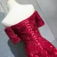 Charming Burgundy Evening Dresses  2018 A-Line / Princess Beading Crystal Lace Flower Rhinestone Off-The-Shoulder Backless Short Sleeve Court Train Formal Dresses