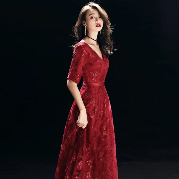 Chic / Beautiful Burgundy Evening Dresses  2018 A-Line / Princess Lace Sequins Sash V-Neck Backless 1/2 Sleeves Floor-Length / Long Formal Dresses