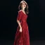 Chic / Beautiful Burgundy Evening Dresses  2018 A-Line / Princess Lace Sequins Sash V-Neck Backless 1/2 Sleeves Floor-Length / Long Formal Dresses