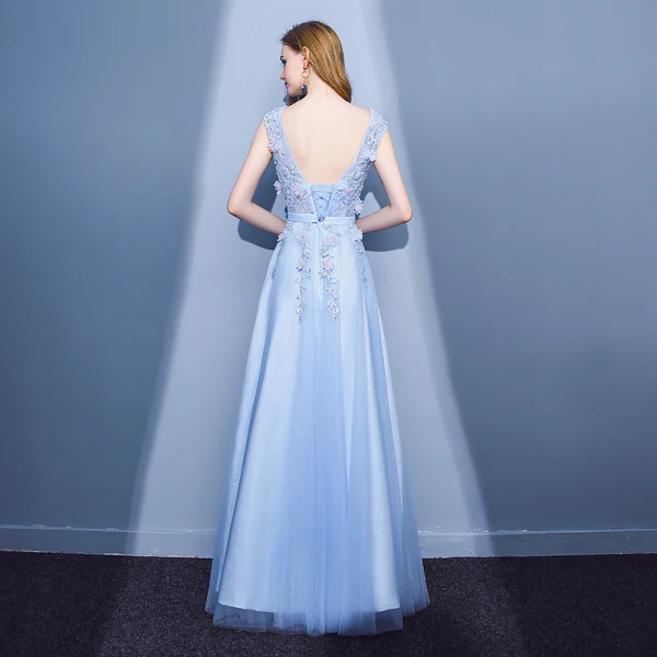 Elegant Sky Blue Evening Dresses  2018 A-Line / Princess Lace Flower Appliques Beading Pearl Scoop Neck Backless Sleeveless Floor-Length / Long Formal Dresses