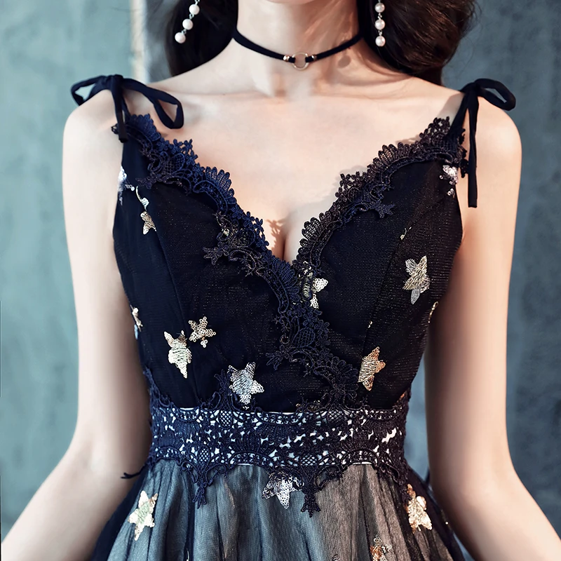 Modern Fashion Black Party Dresses 2018 A-Line Princess Star Sequins Lace Flower Straps