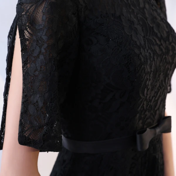 Chic / Beautiful Black Homecoming Graduation Dresses A-Line / Princess 2017 Lace Bow High Neck Short Sleeve Tea-length Formal Dresses
