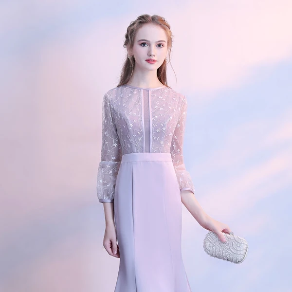 Chic / Belle Argenté Robe De Soirée 2017 Trompette / Sirène En Dentelle Encolure Dégagée 3/4 Manches Longue Robe De Ceremonie
