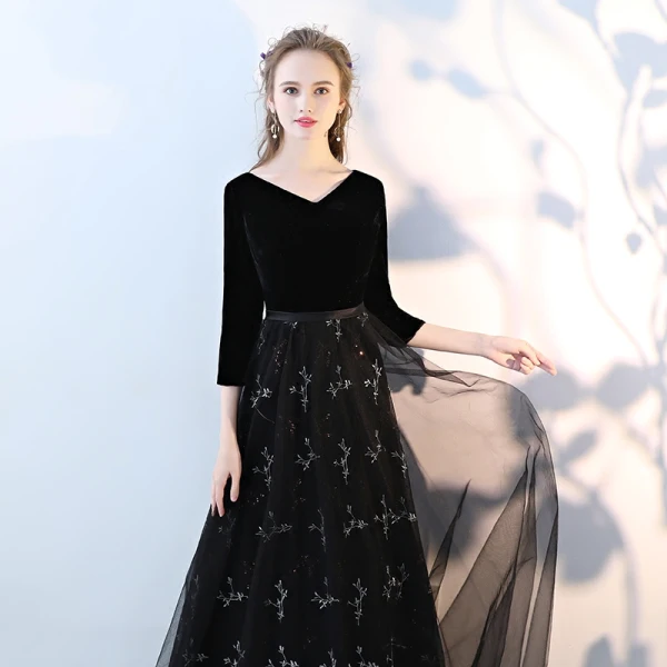 Chic / Belle Noir Robe De Bal 2017 Princesse V-Cou 3/4 Manches Longue Robe De Ceremonie