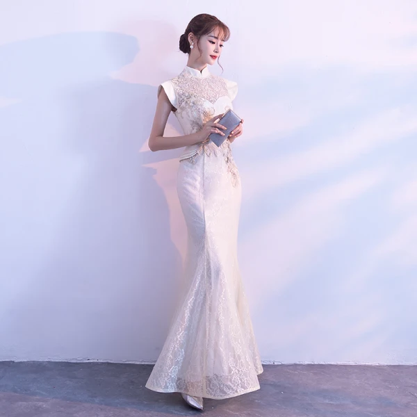 Elegant Champagne Evening Dresses 2017 Trumpet / Mermaid Lace Embroidered Pearl High Neck Cap Sleeves Floor-Length / Long Formal Dresses