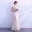 Elegant Champagne Evening Dresses  2017 Trumpet / Mermaid Lace Embroidered Pearl High Neck Cap Sleeves Floor-Length / Long Formal Dresses