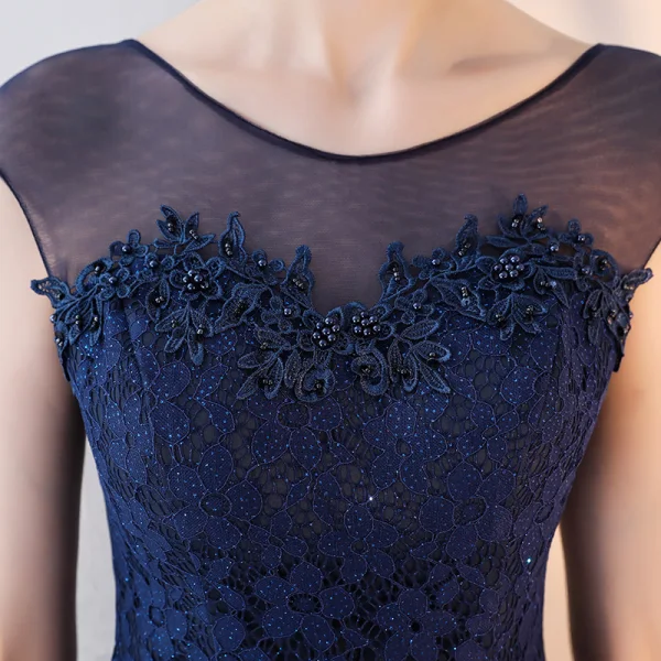 Chic / Beautiful Navy Blue Evening Dresses 2017 Trumpet / Mermaid Lace Flower Scoop Neck Sleeveless Ankle Length Formal Dresses