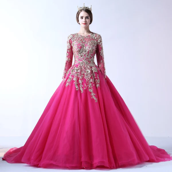 Chic / Beautiful Fuchsia Prom Dresses 2017 Ball Gown Lace Flower Pearl Scoop Neck Backless Long Sleeve Court Train Formal Dresses