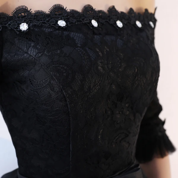 Schöne Schwarz Cocktailkleider 2017 A Linie Spitze Schleife Pailletten Off Shoulder Rückenfreies 1/2 Ärmel Asymmetrisch Festliche Kleider