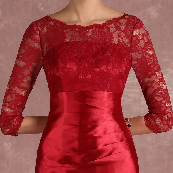 Chic / Beautiful Burgundy Mother Of The Bride Dresses 2018 Trumpet / Mermaid Lace Scoop Neck Backless 3/4 Sleeve Floor-Length / Long Wedding Party Dresses