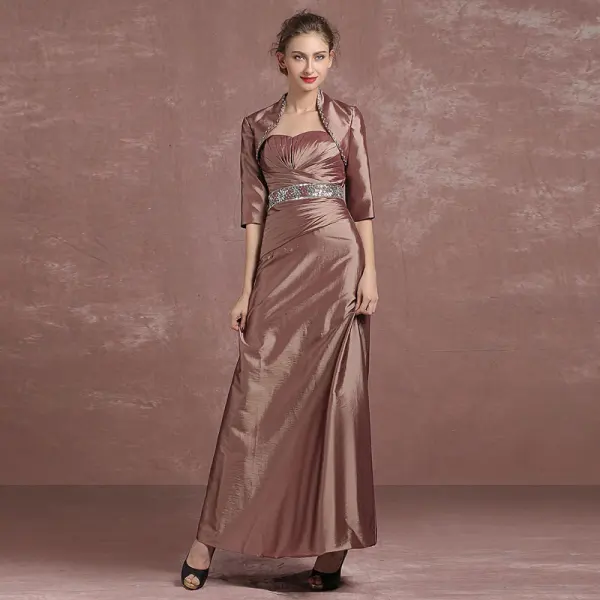 Chic / Beautiful Brown Mother Of The Bride Dresses 2018 A-Line / Princess Crystal Sequins Strapless 1/2 Sleeves Ankle Length Wedding Party Dresses