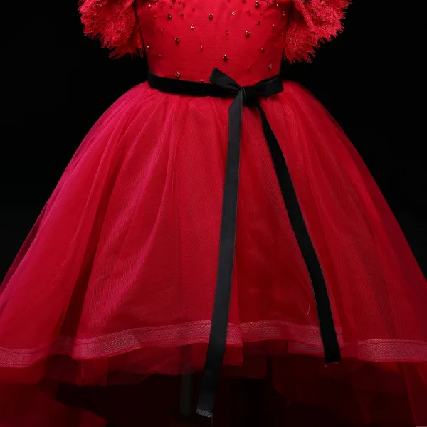 Chic / Beautiful Burgundy Flower Girl Dresses 2017 Ball Gown Crystal Appliques Bow Scoop Neck Backless Short Sleeve Asymmetrical Wedding Party Dresses