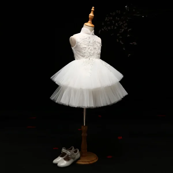 Chic / Beautiful Detachable Flower Girl Dresses 2017 Ball Gown Lace Appliques Crystal High Neck Sleeveless Asymmetrical Wedding Party Dresses