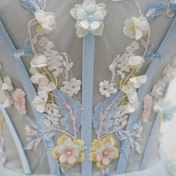 Chic / Beautiful Sky Blue Prom Dresses 2018 A-Line / Princess Lace Flower Appliques Pearl Off-The-Shoulder Backless Short Sleeve Floor-Length / Long Formal Dresses