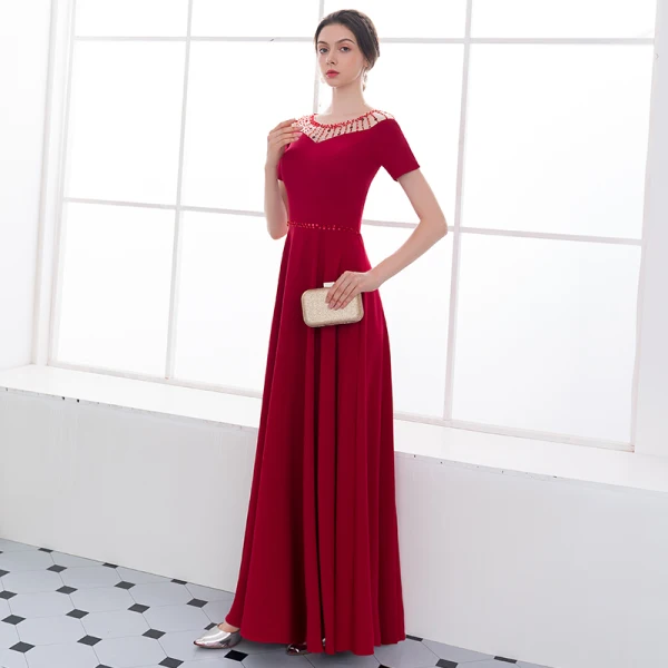 Chic / Belle Bordeaux Robe De Soirée 2018 Princesse Volants Cristal Encolure Dégagée Manches Courtes Longue Robe De Ceremonie
