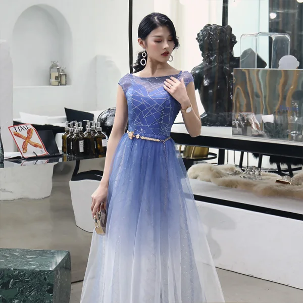Modern / Fashion Gradient-Color Evening Dresses 2018 A-Line / Princess Metal Sash Sequins Scoop Neck Backless Sleeveless Floor-Length / Long Formal Dresses