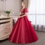Affordable Burgundy Prom Dresses 2018 Ball Gown Lace Appliques Rhinestone V-Neck Backless Short Sleeve Floor-Length / Long Formal Dresses