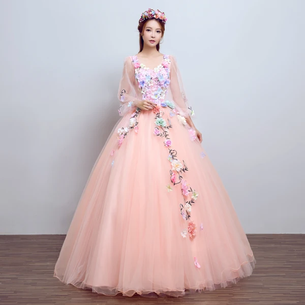 Affordable Flower Fairy Yellow Prom Dresses 2018 Ball Gown Appliques V-Neck Backless 3/4 Sleeve Floor-Length / Long Formal Dresses