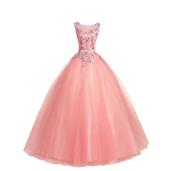 Abordable Rose Bonbon Robe De Bal 2018 Robe Boule En Dentelle Fleur Faux Diamant Encolure Dégagée Sans Manches Dos Nu Longue Robe De Ceremonie