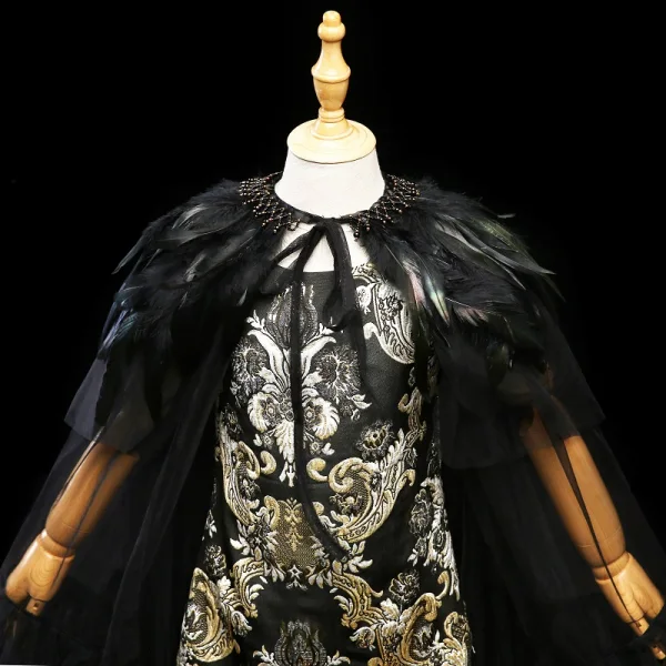 Unique Noire Doré 2 Pièces Robe Ceremonie Fille 2017 Glitter Fleur Plumes Encolure Dégagée Sans Manches Courte Robe Pour Mariage