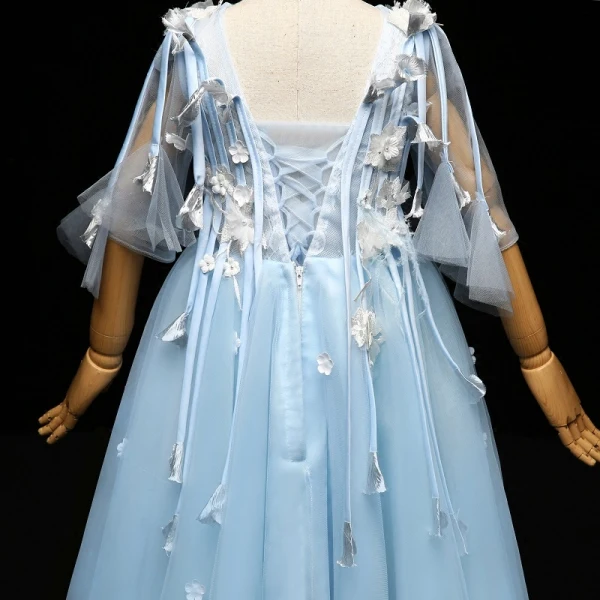 Chic / Beautiful Pool Blue Flower Girl Dresses 2017 Appliques Tassel Pearl V-Neck Backless 1/2 Sleeves Ankle Length A-Line / Princess Wedding Party Dresses