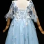Chic / Beautiful Pool Blue Flower Girl Dresses 2017 Appliques Tassel Pearl V-Neck Backless 1/2 Sleeves Ankle Length A-Line / Princess Wedding Party Dresses