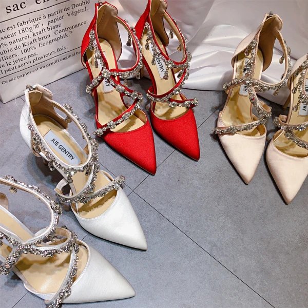 Sexy Red Evening Party Rhinestone Silk Satin Womens Sandals 2021 X-Strap 8 cm Stiletto Heels Pointed Toe Sandals High Heels