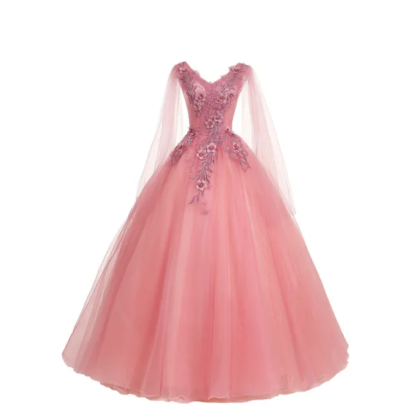 Abordable Rose Bonbon Robe De Bal 2018 Robe Boule En Dentelle Fleur Appliques Perle Faux Diamant V-Cou Dos Nu Manches Longues Longue Robe De Ceremonie