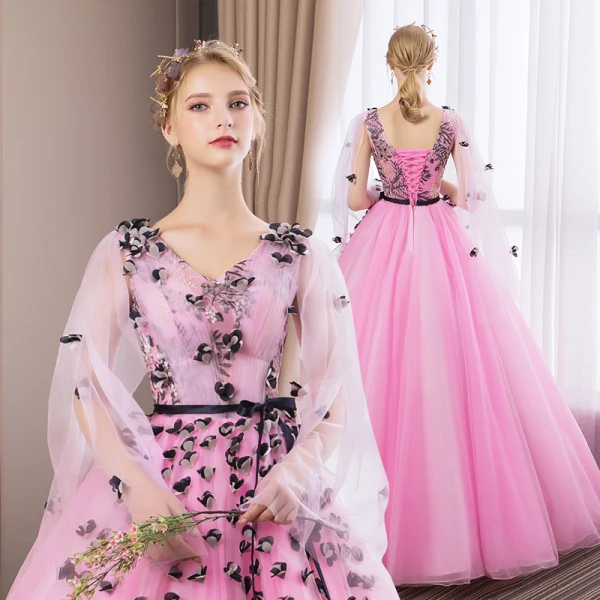 Abordable Rose Bonbon Robe De Bal 2018 Robe Boule En Dentelle Fleur Appliques Noeud V-Cou Dos Nu Manches Longues Longue Robe De Ceremonie