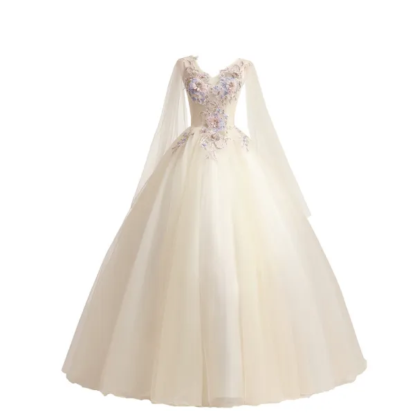Abordable Champagne Robe De Bal 2018 Robe Boule En Dentelle Fleur Perle Faux Diamant V-Cou Dos Nu Sans Manches Longue Robe De Ceremonie