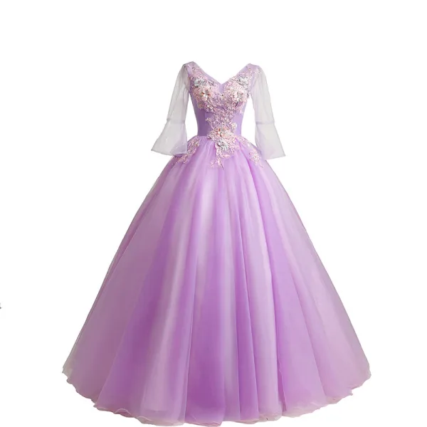 Affordable Lilac Prom Dresses 2018 Ball Gown Lace Flower Pearl Rhinestone V-Neck Backless 3/4 Sleeve Floor-Length / Long Formal Dresses