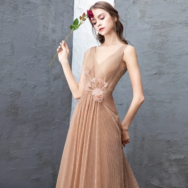 Modest / Simple Champagne Evening Dresses 2018 A-Line / Princess Tulle Flower V-Neck Backless Sleeveless Sweep Train Formal Dresses