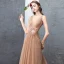 Modest / Simple Champagne Evening Dresses  2018 A-Line / Princess Tulle Flower V-Neck Backless Sleeveless Sweep Train Formal Dresses