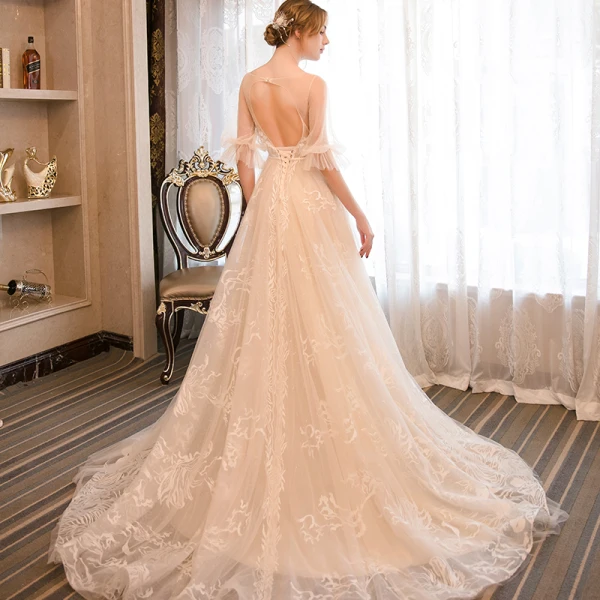 Élégant Champagne Robe De Mariée 2018 Princesse Appliques Encolure Dégagée 1/2 Manches Dos Nu Tribunal Train Mariage