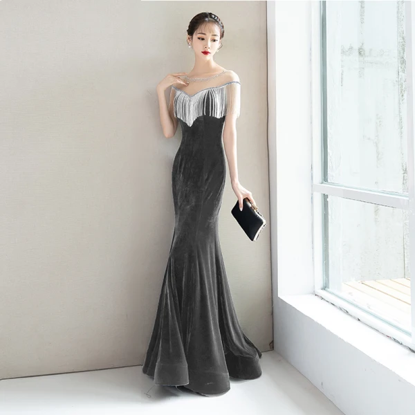Elegant Navy Blue Evening Dresses 2018 Trumpet / Mermaid Beading Tassel Suede Scoop Neck Backless Short Sleeve Floor-Length / Long Formal Dresses
