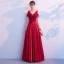 Elegant Burgundy Prom Dresses 2019 A-Line / Princess Ruffle Beading V-Neck Backless Short Sleeve Floor-Length / Long Formal Dresses