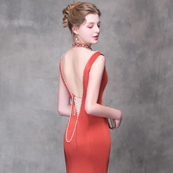 Luxury / Gorgeous Orange Evening Dresses 2018 Trumpet / Mermaid Beading Crystal Pearl High Neck Backless Sleeveless Sweep Train Formal Dresses
