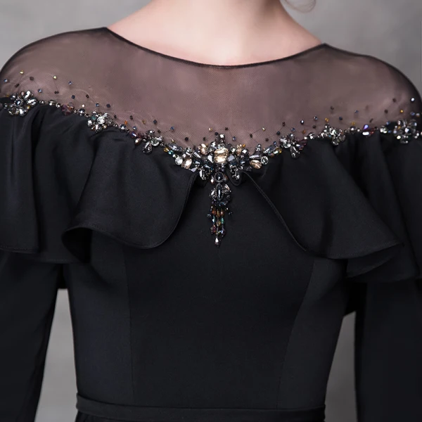 Élégant Noir Robe De Soirée 2018 Trompette / Sirène Cristal Faux Diamant Ceinture Encolure Dégagée Manches Longues Train De Balayage Robe De Ceremonie