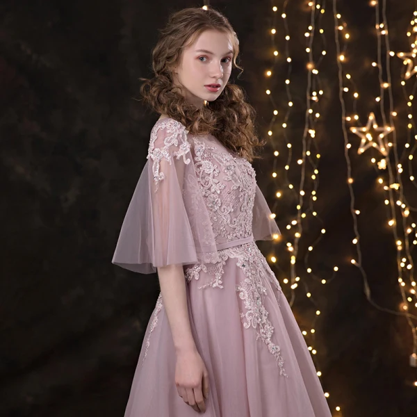 Chic / Beautiful Blushing Pink Prom Dresses 2018 A-Line / Princess Lace Appliques Pearl Sash Scoop Neck Backless 3/4 Sleeve Floor-Length / Long Formal Dresses