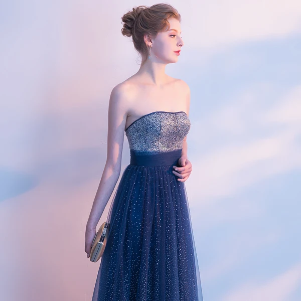 Scintillantes Bleu Marine Ciel étoilé Robe De Soirée 2017 Princesse Glitter Faux Diamant Bustier Dos Nu Sans Manches Longue Robe De Ceremonie