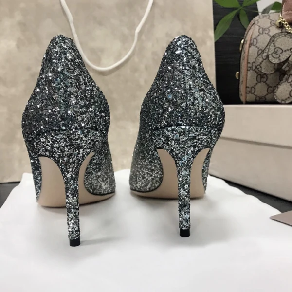 Glittrande Silver Afton Paljetter Pumps 2021 Läder 8 cm Stilettklackar Spetsiga Pumps Högklackade